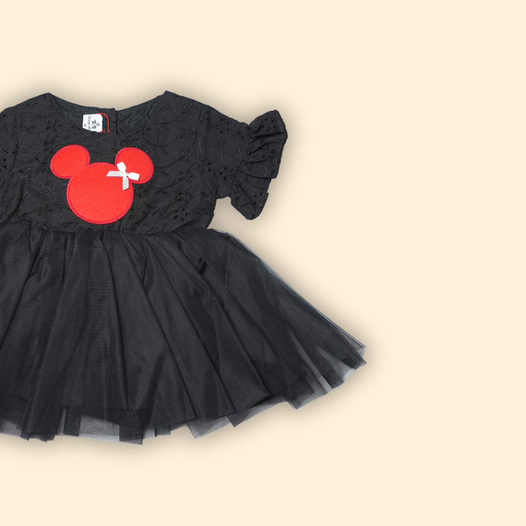 girls black tulle dress with red Mickey Mouse applique and lace bodice