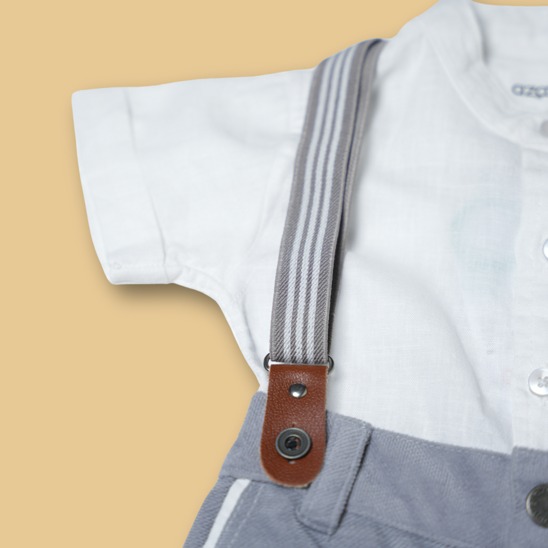boys white collared shirt with gray shorts and classic suspenders outfit