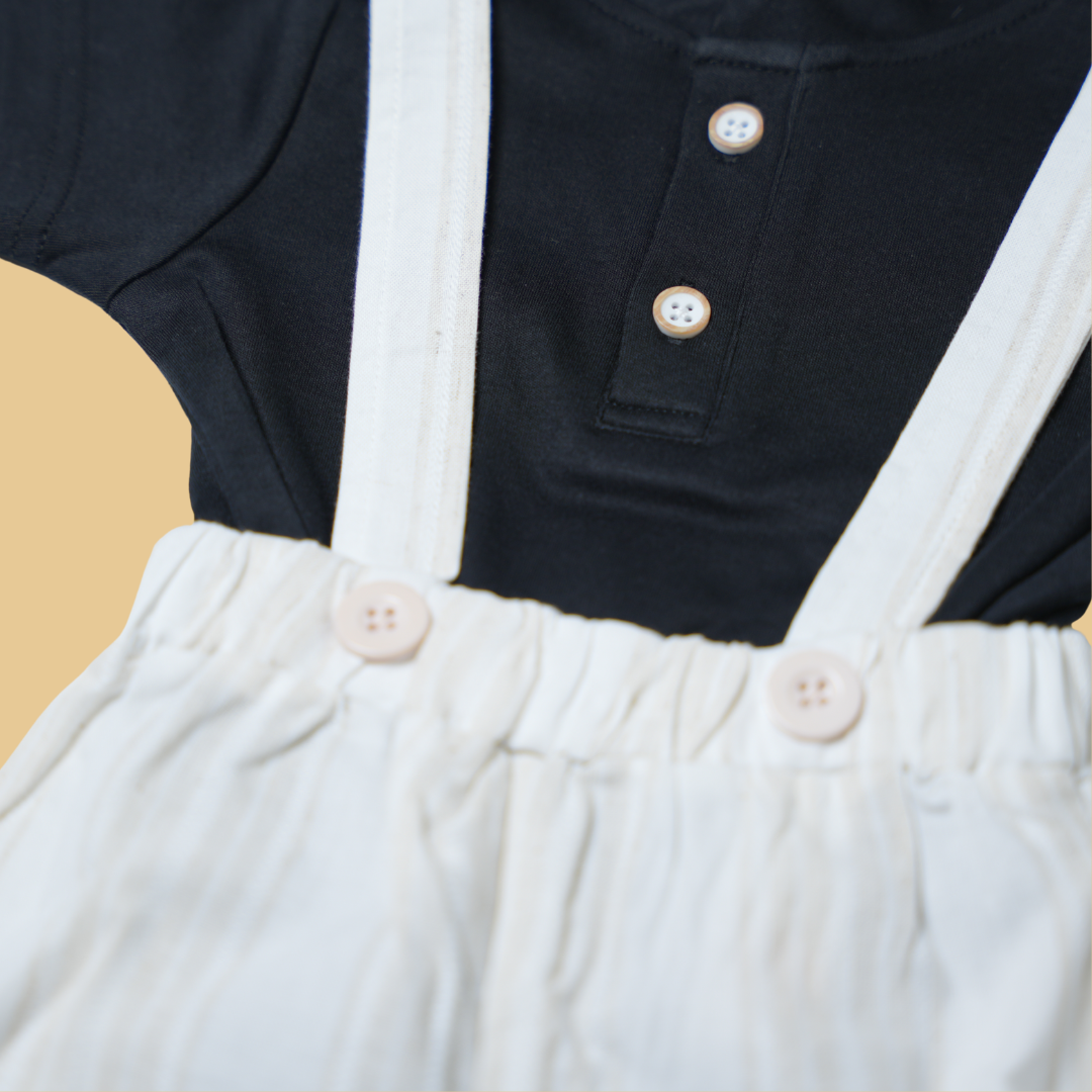 Dapper Black Polo with White Suspender Shorts