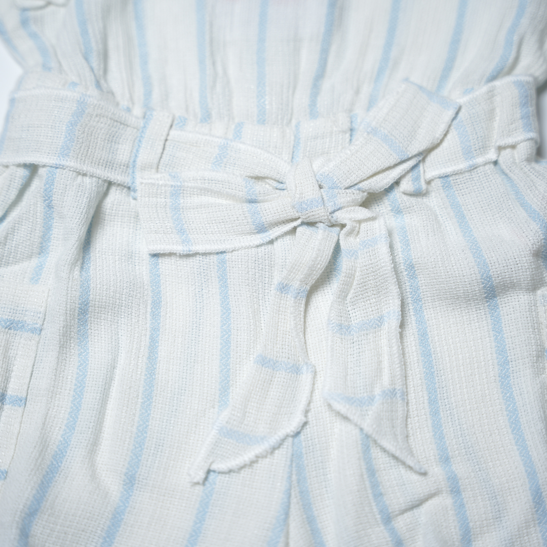 Sweet Blue Striped White Romper with Ruffle Sleeves