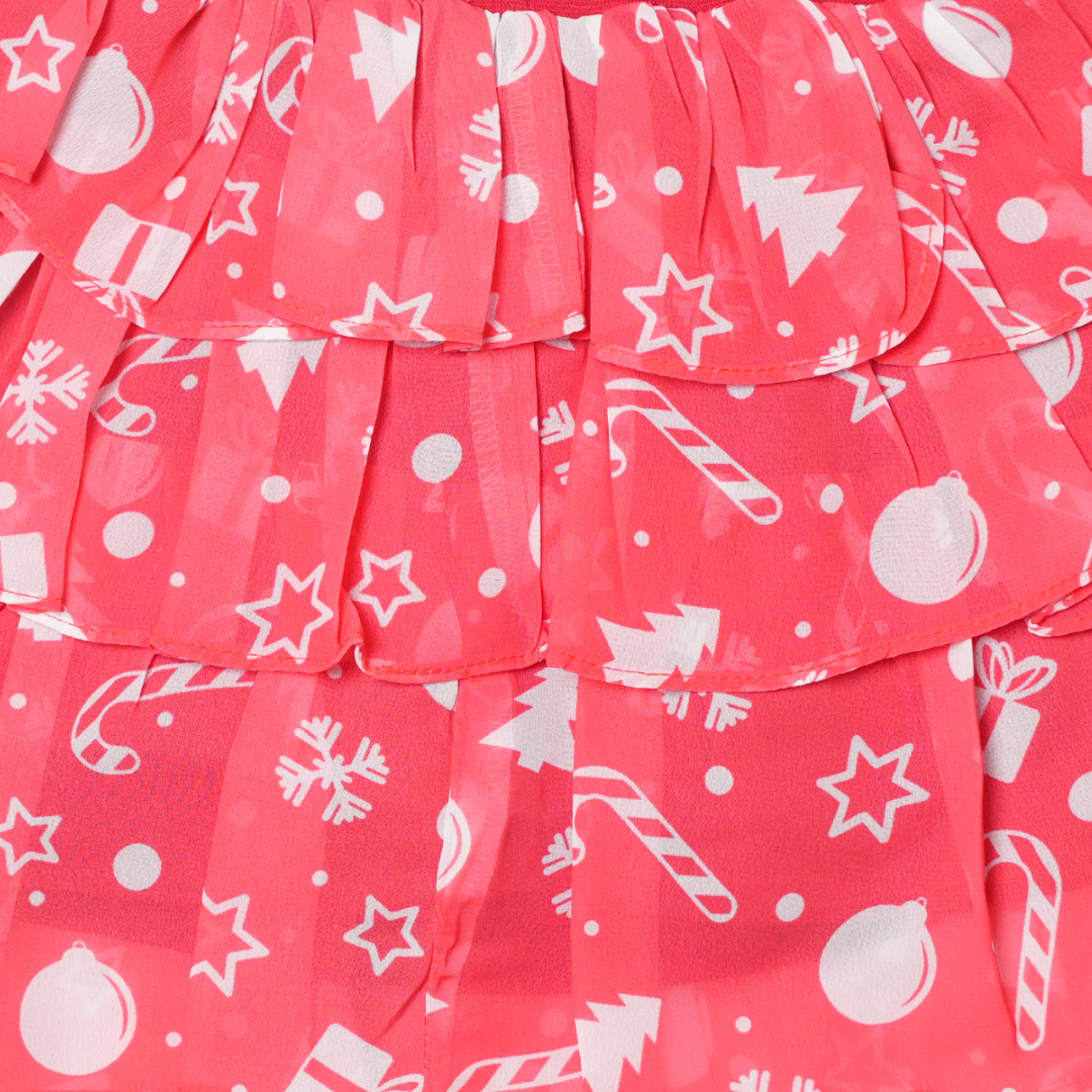 white button-up top with red Christmas print tiered skirt set