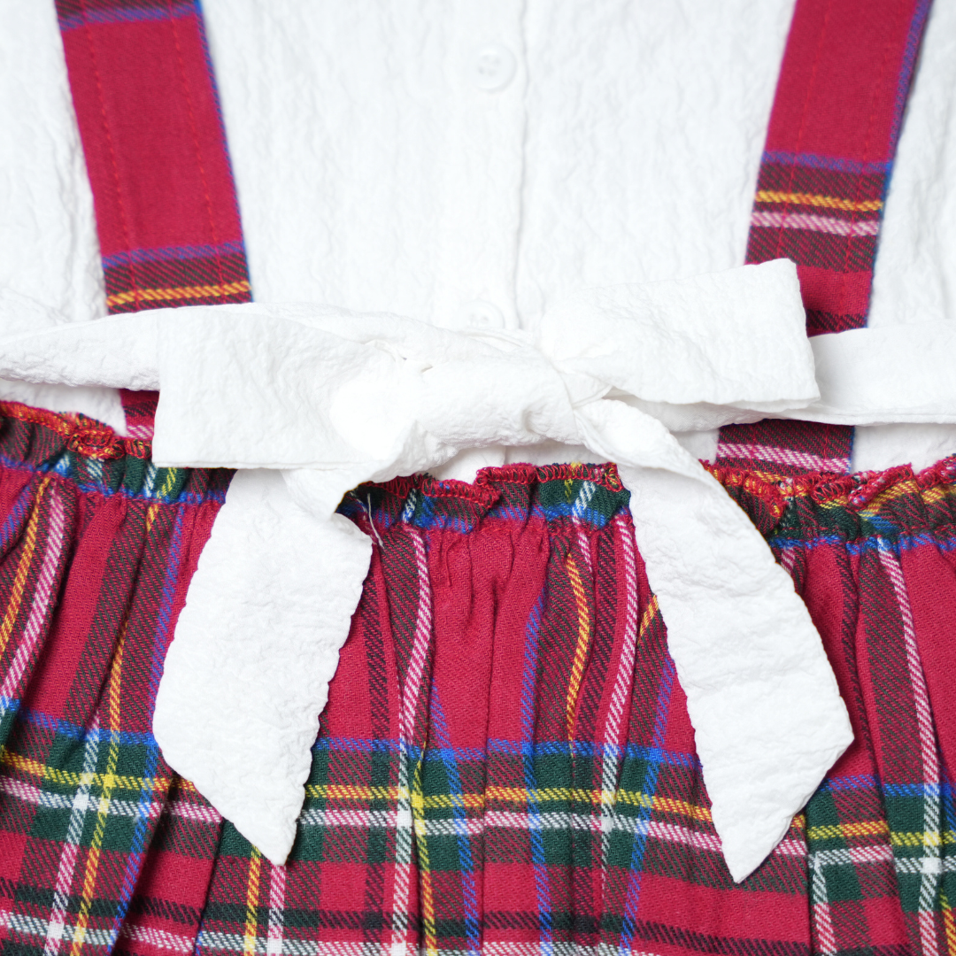 Baby girls white flutter sleeve dress with red plaid pinafore frock dress