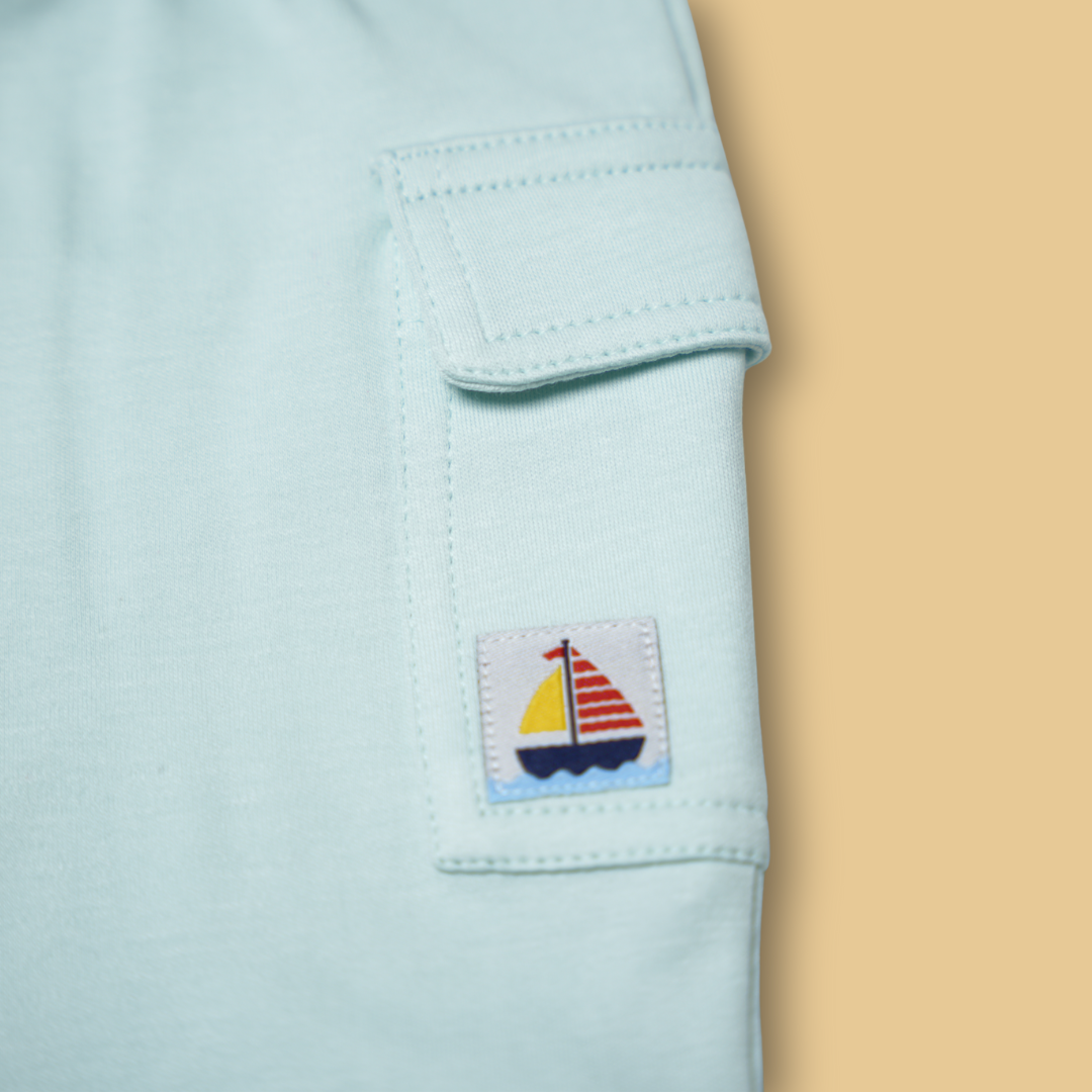 boys mint hooded shirt with 'Little Sailor' and matching cargo shorts