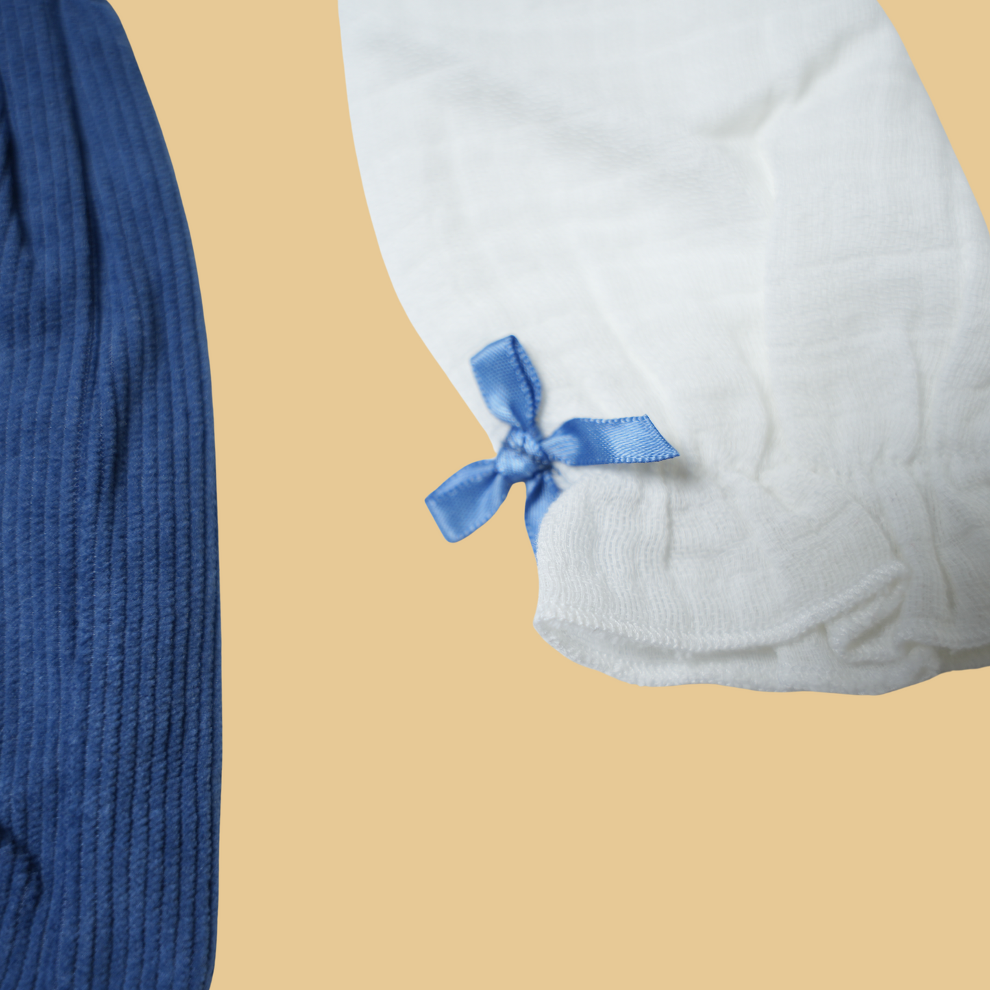 Sweet Blue Corduroy Pinafore with White Puff-Sleeves Top