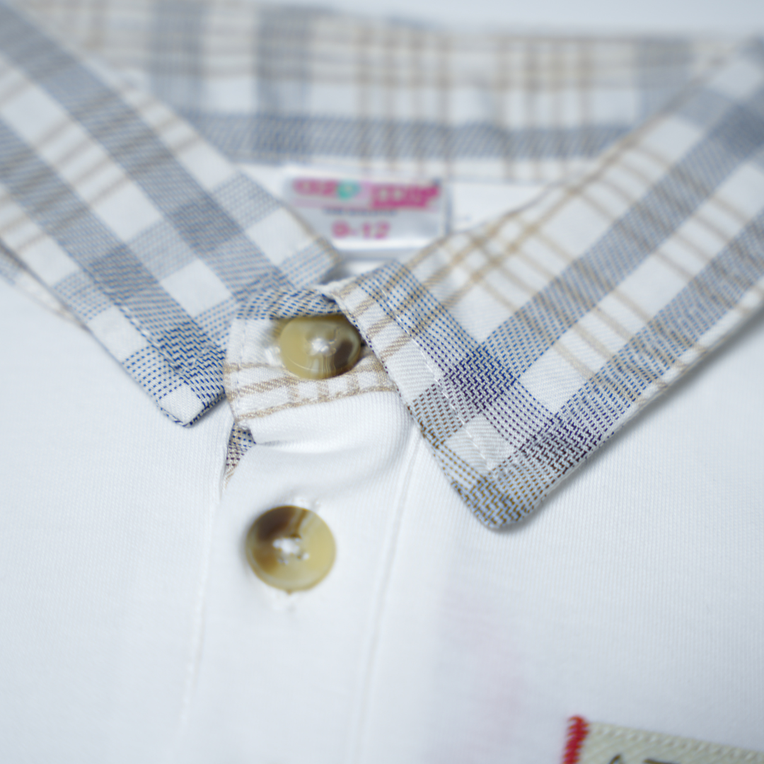 Classic White Polo with Grey-Beige Check Collar and Matching Plaid Shorts