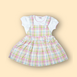 girls plaid pinafore dress with white t-shirt in pastel pink and green