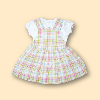 girls plaid pinafore dress with white t-shirt in pastel pink and green