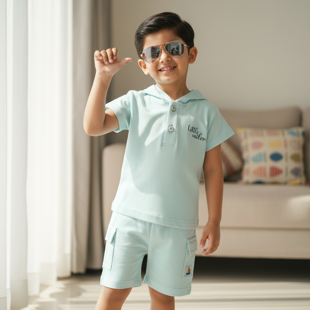 Boys Soft Mint Cotton Hooded Tee and Shorts set