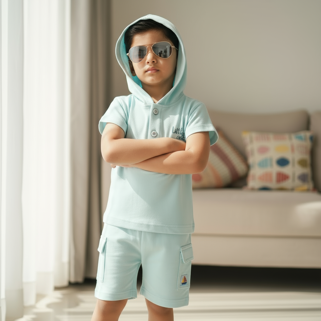Boys Soft Mint Cotton Hooded Tee and Shorts set