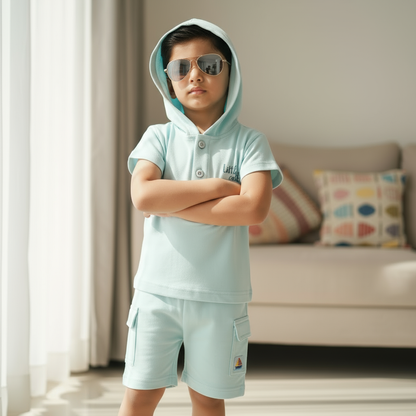Boys Soft Mint Cotton Hooded Tee and Shorts set