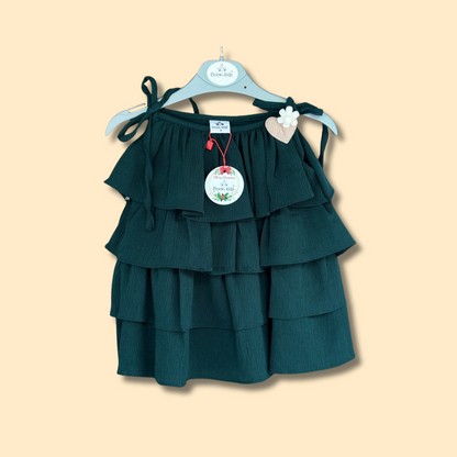 green tiered ruffle dress with shoulder tie straps and cute heart detail