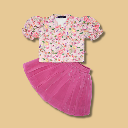 Girls Pink Floral Printed Top and Middi Set
