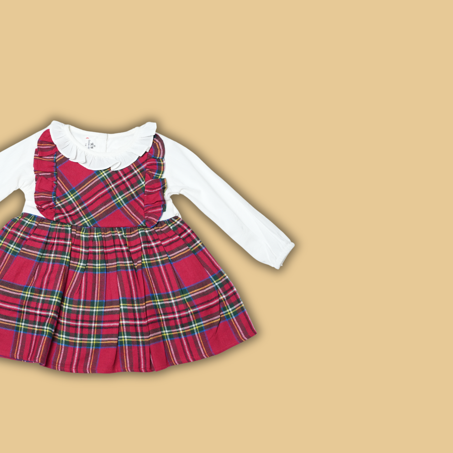 Festive Red Plaid Dress with White Long Sleeve Top and Ruffle Collar