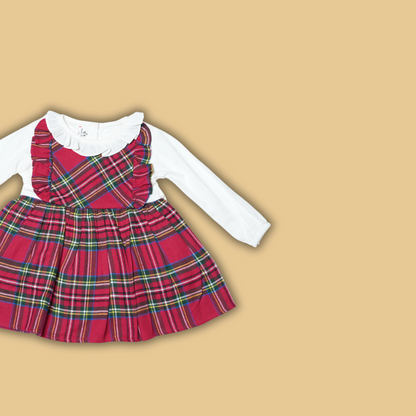Festive Red Plaid Dress with White Long Sleeve Top and Ruffle Collar