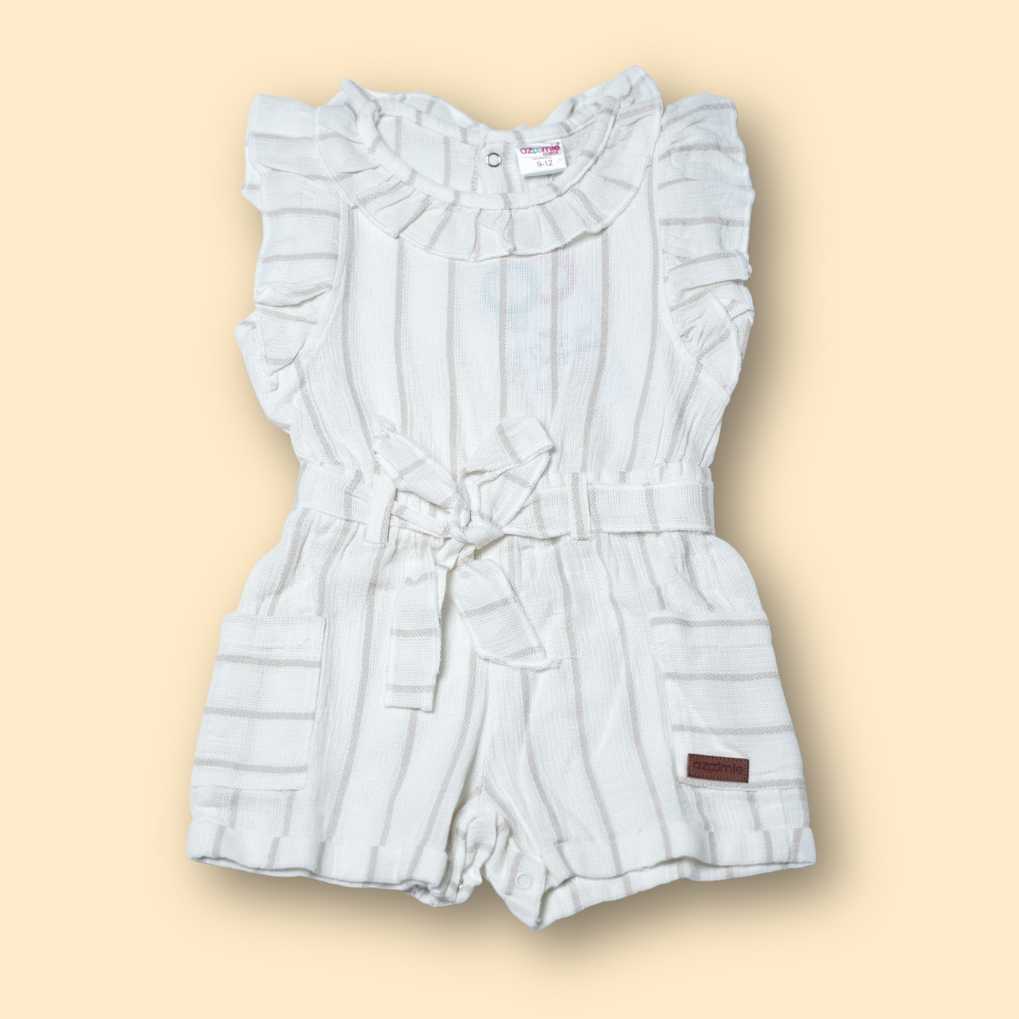 Delicate White Textured Romper with Ruffle Collar