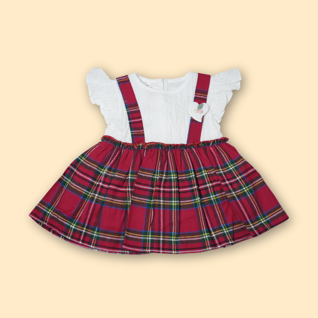 Baby girls white flutter sleeve dress with red plaid pinafore frock dress