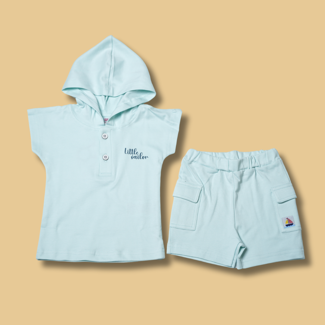 boys mint hooded shirt with 'Little Sailor' and matching cargo shorts
