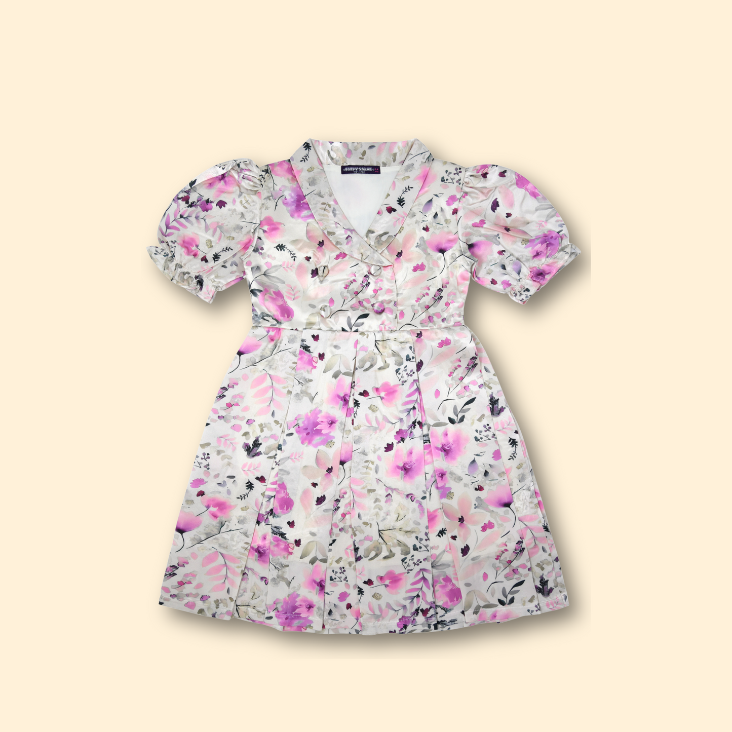 Girls Floral Print Silver Satin Fit & Flare Dress