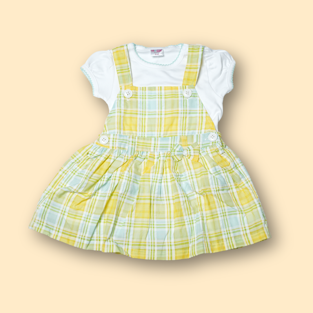 girls plaid pinafore dress with white t-shirt in yellow and mint