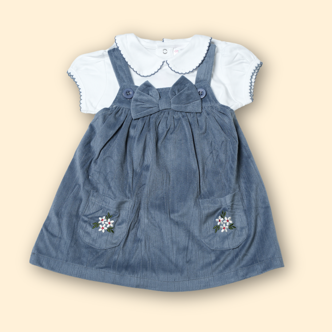 Sweet Grey Corduroy Dress with White Peter Pan Collar Top