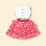 girl's white button-up top with red Christmas print tiered skirt set