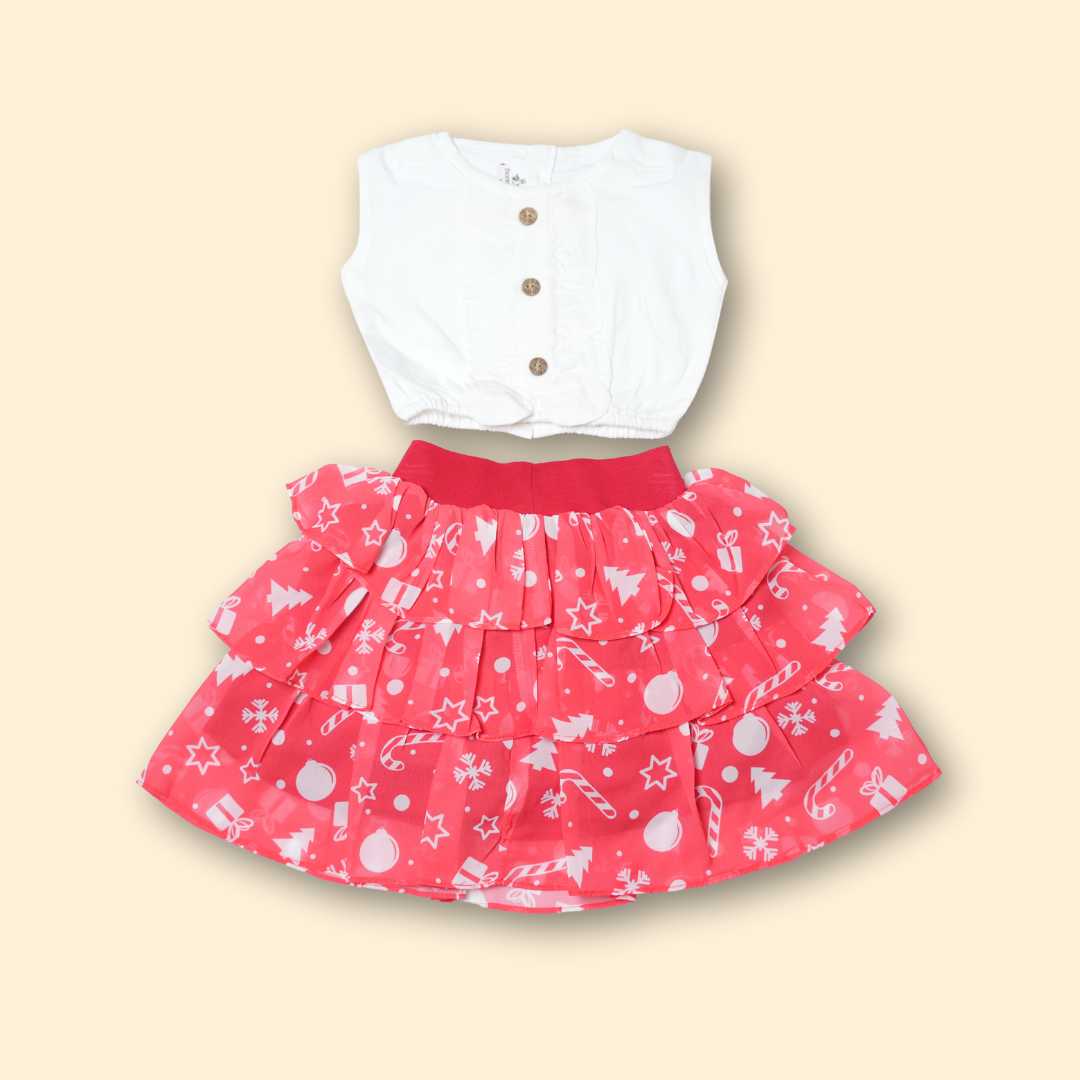 girl's white button-up top with red Christmas print tiered skirt set