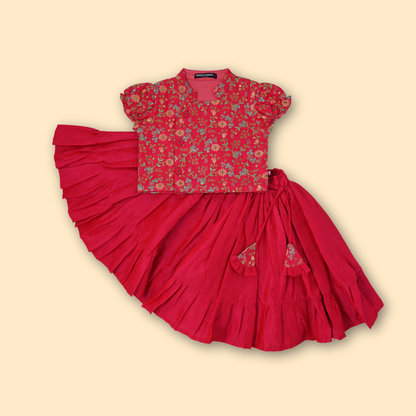 Girls Ethnic Floral Embroidered  Flare Red Dress set