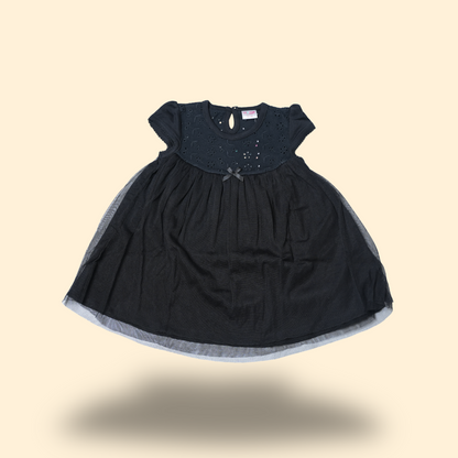 Elegant Black Schiffli Dress with Tulle Overlay