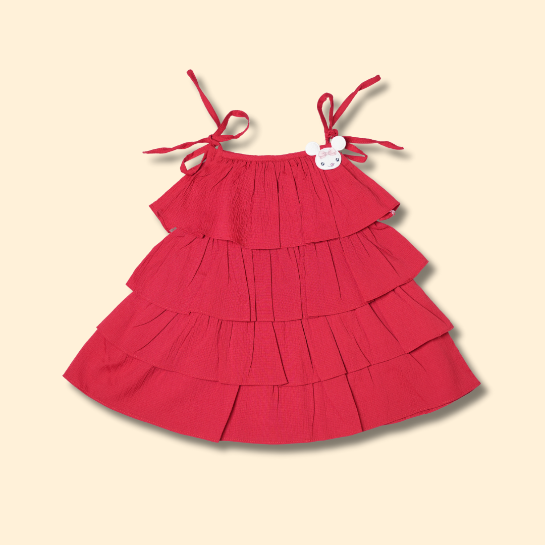 girls red cotton tiered ruffle dress with shoulder tie straps and red Mickey Mouse accent