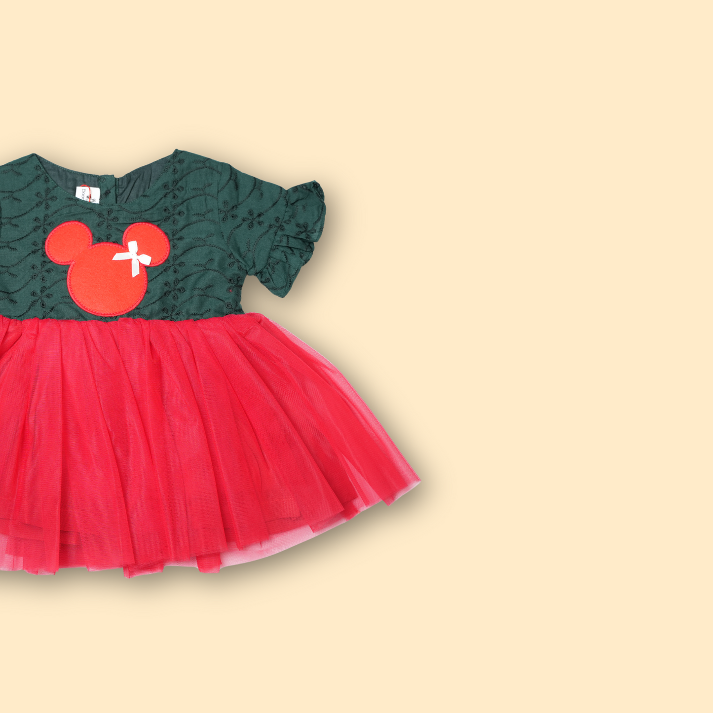 Festive Green and Red Mickey Mouse Schiffli Dress