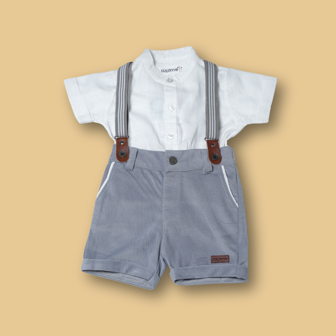 boys white collared shirt with gray shorts and classic suspenders outfit