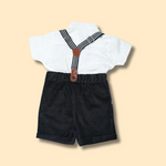 boys white button-up shirt with black shorts and striped suspenders set