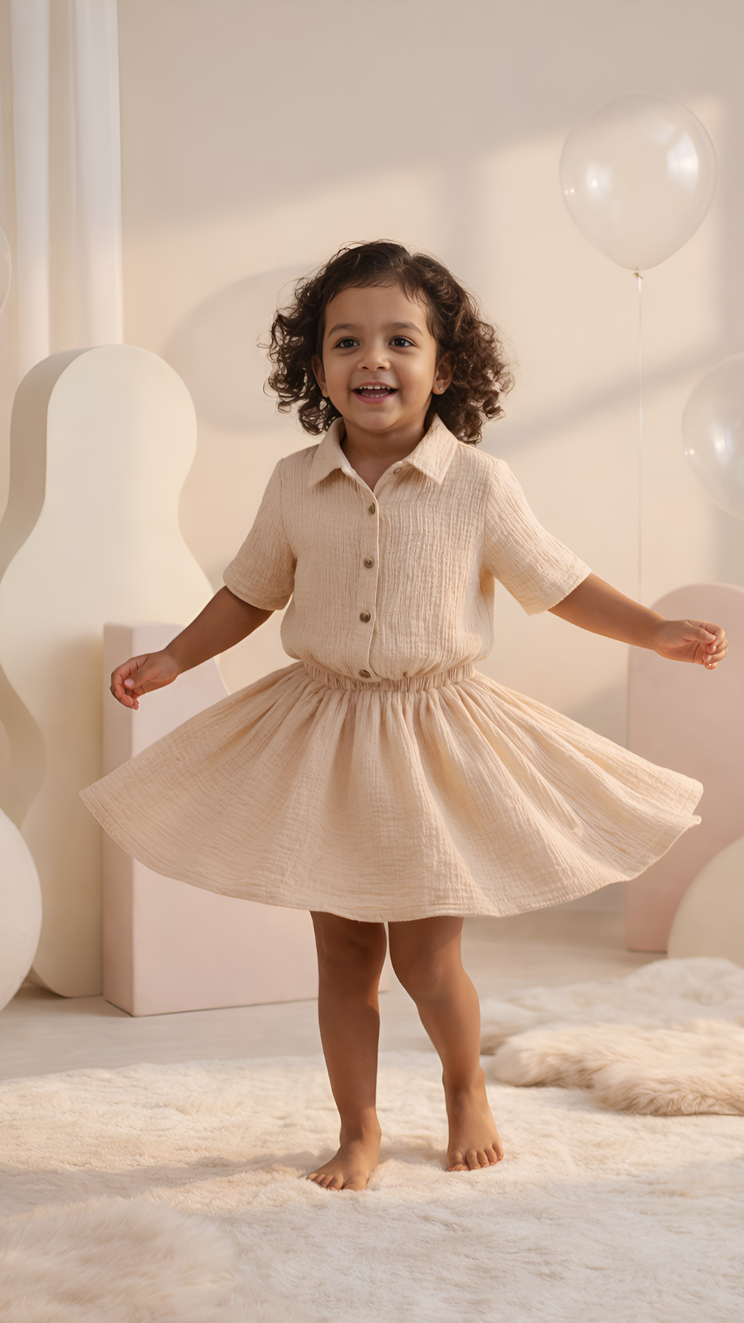 Soft Cotton Muslin Top and Skirt Set for Kids – Beige