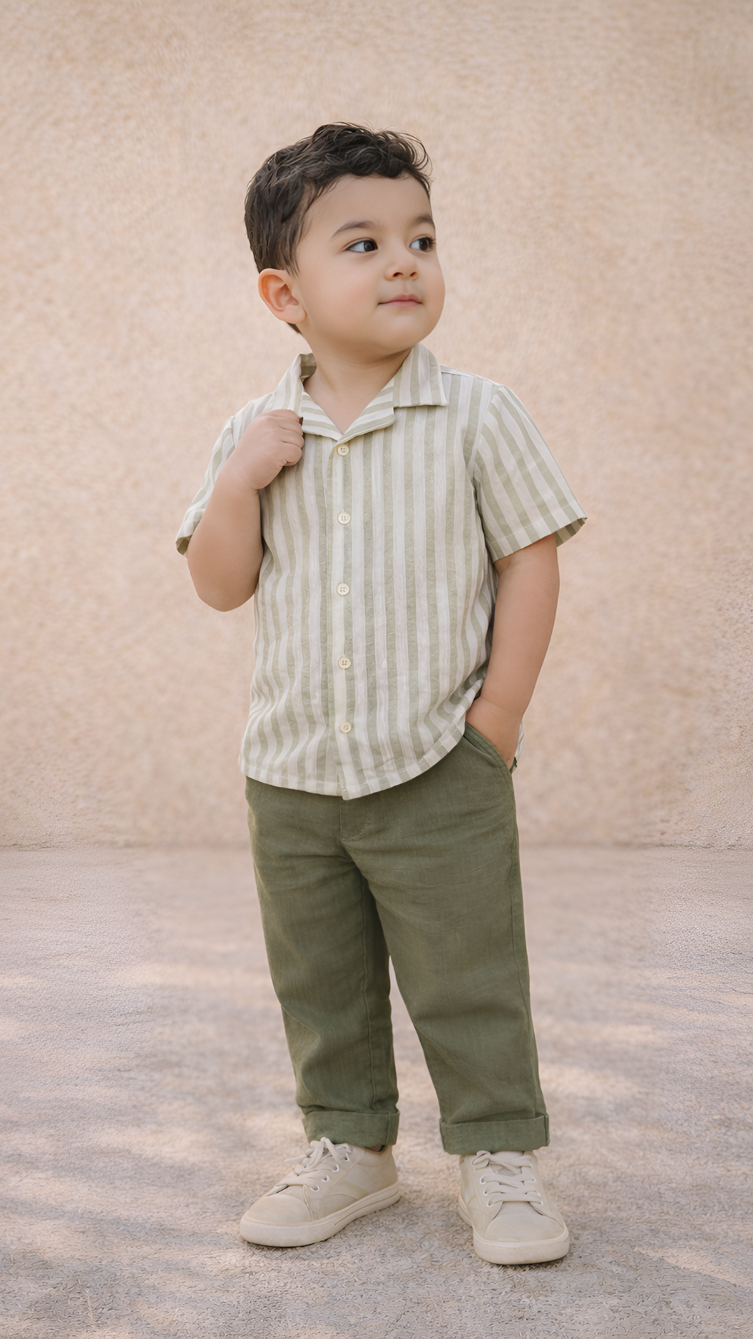 Classic Sage Green Striped Shirt & Olive Bottom Set