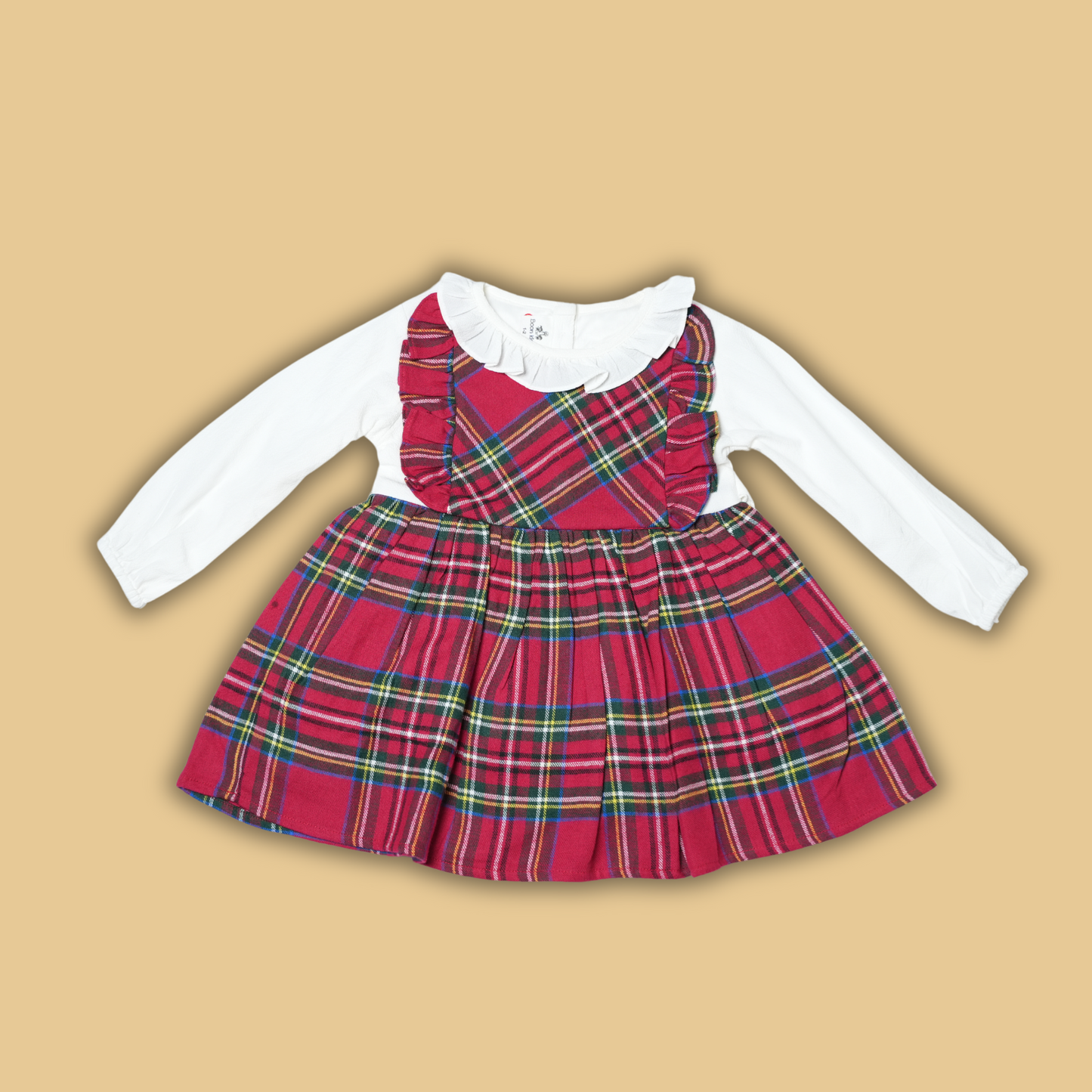 Festive Red Plaid Dress with White Long Sleeve Top and Ruffle Collar