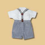 boys white collared shirt with gray shorts and classic suspenders outfit