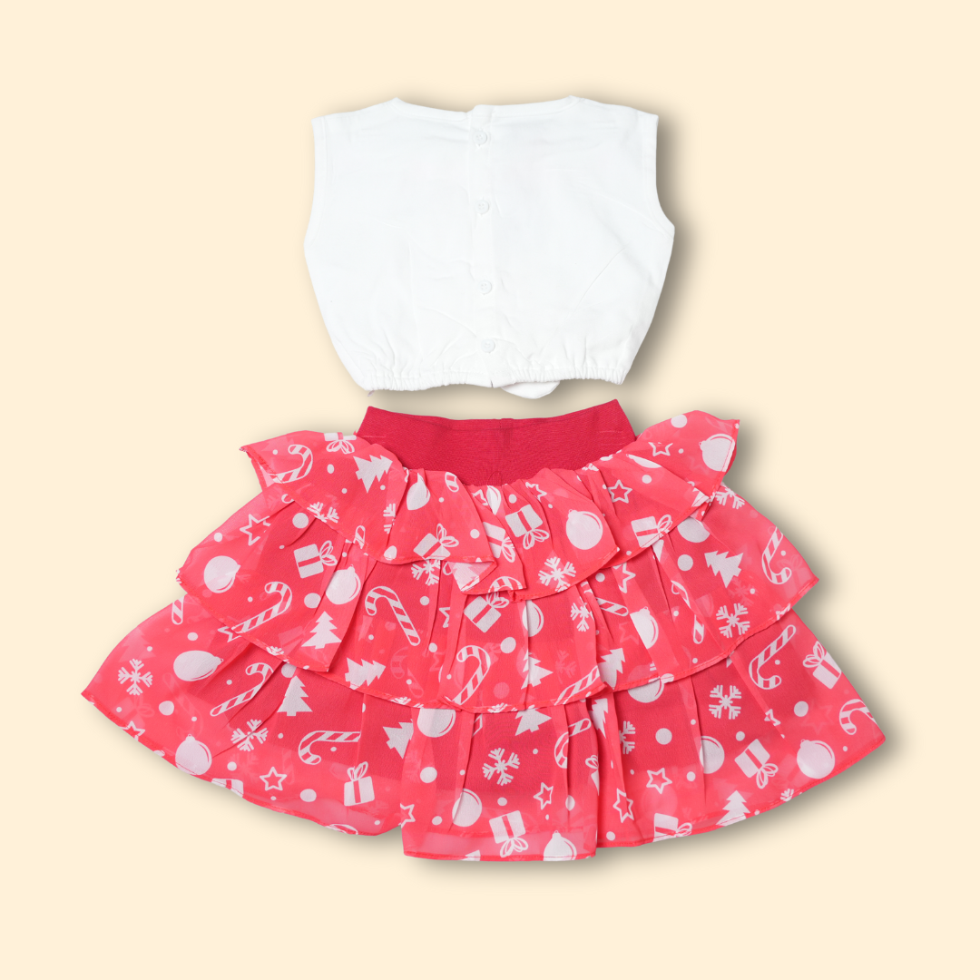 white button-up top with red Christmas print tiered skirt set
