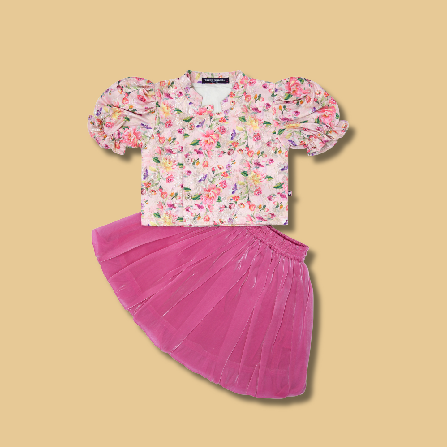 Girls Pink Floral Printed Top and Middi Set