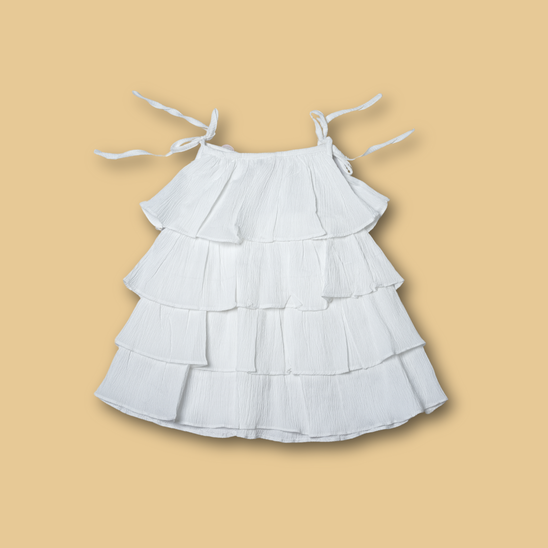 white cotton tiered dress with red Mickey Mouse accent