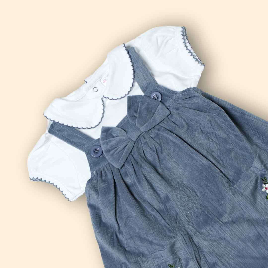 Sweet Grey Corduroy Dress with White Peter Pan Collar Top