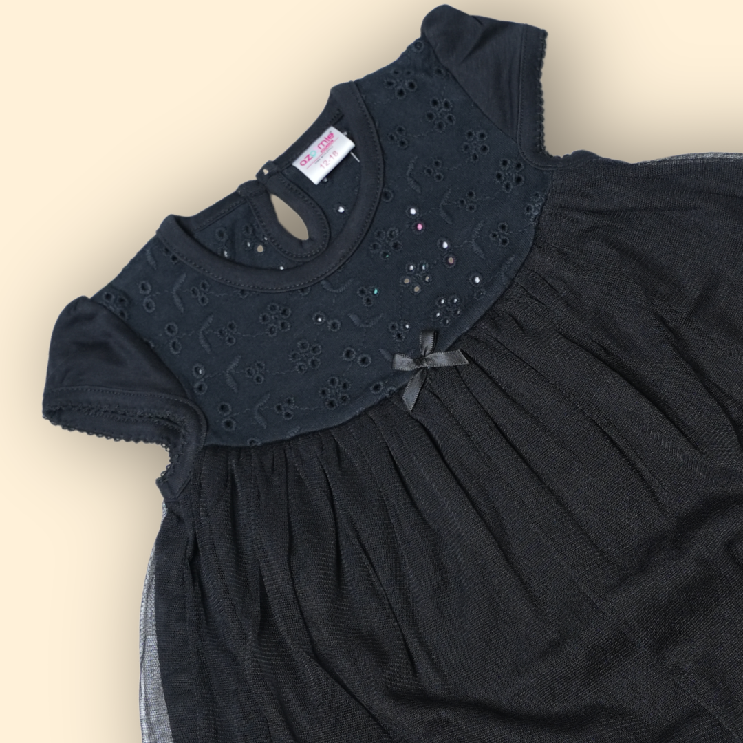 Elegant Black Schiffli Dress with Tulle Overlay