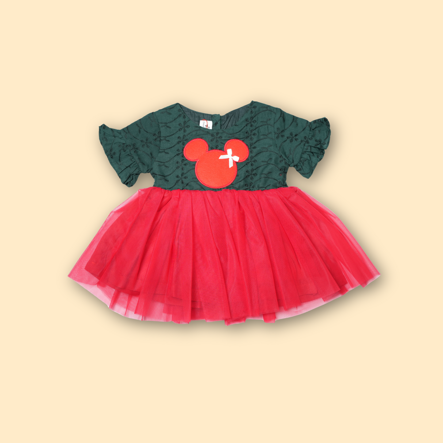 Festive Green and Red Mickey Mouse Schiffli Dress