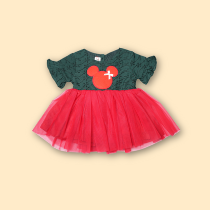 Festive Green and Red Mickey Mouse Schiffli Dress
