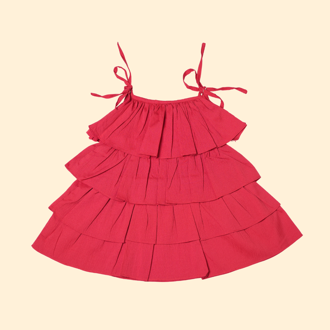 girls red cotton tiered ruffle dress with shoulder tie straps and red Mickey Mouse accent