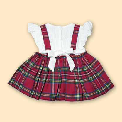 Baby girls white flutter sleeve dress with red plaid pinafore frock dress