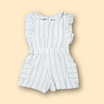 Delicate White Textured Romper with Ruffle Collar