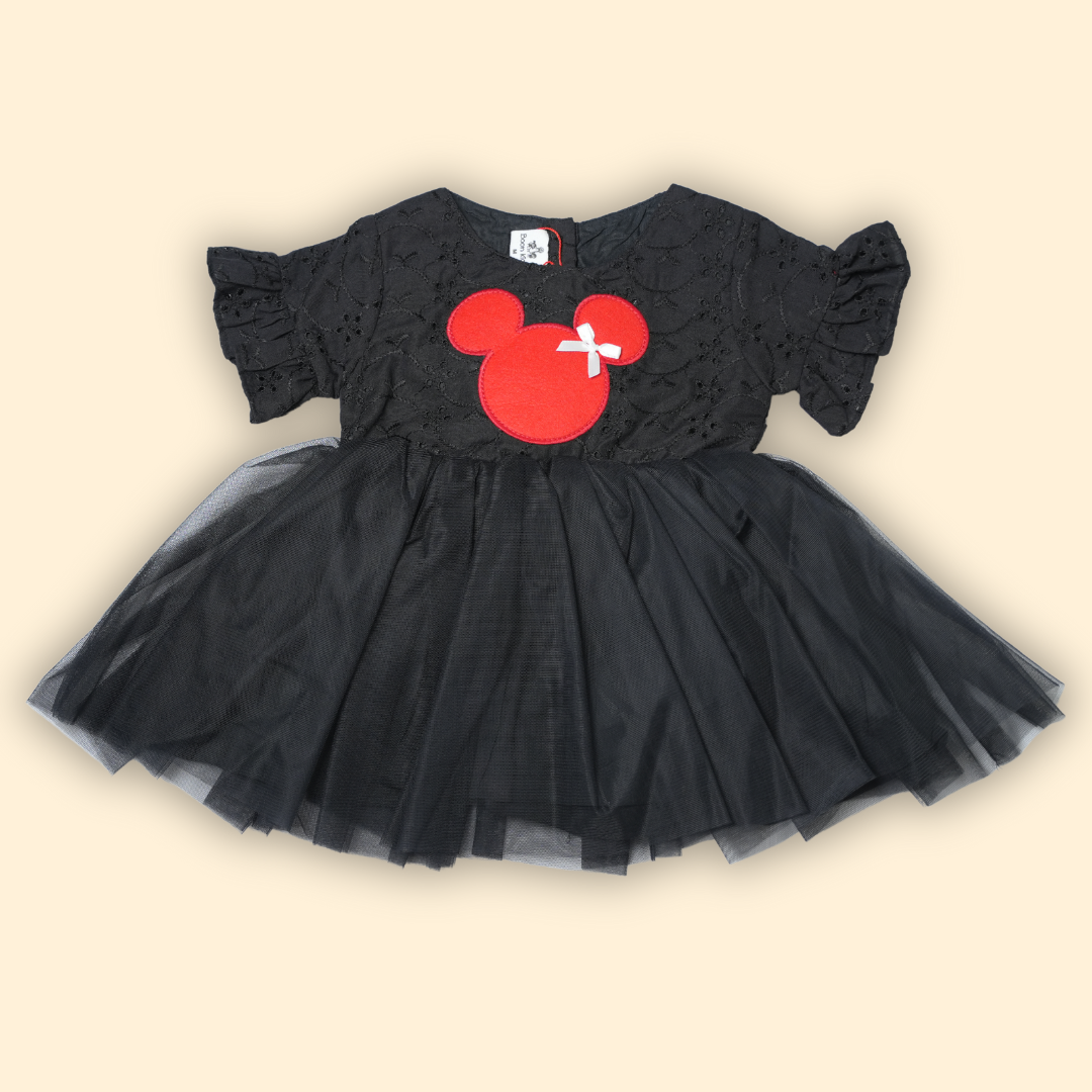 girls black tulle dress with red Mickey Mouse applique and lace bodice