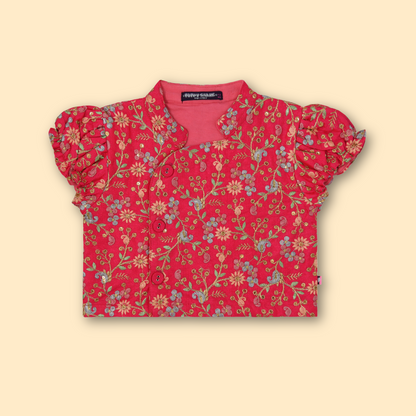 Girls Ethnic Floral Embroidered  Flare Red Dress set