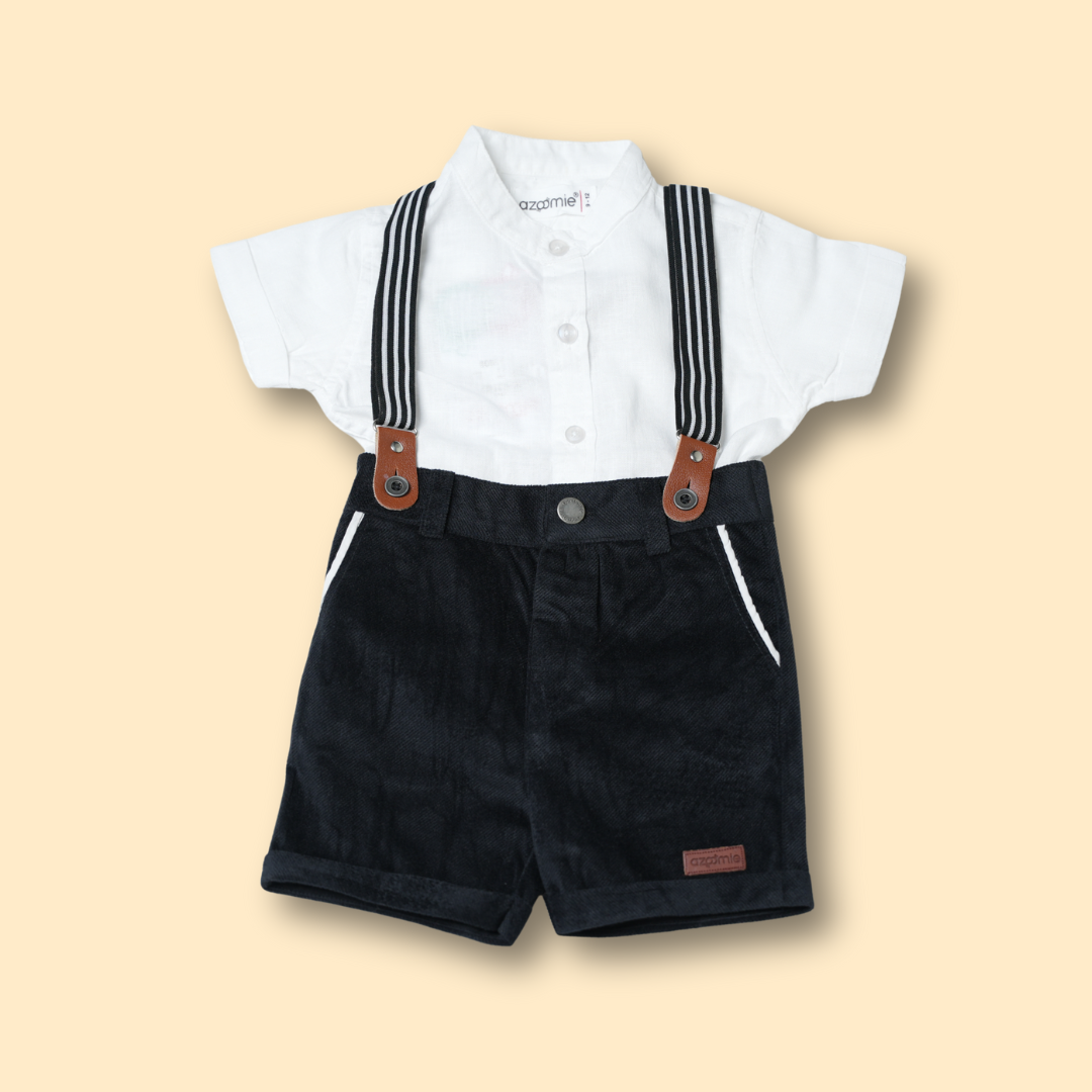 boys white button-up shirt with black shorts and striped suspenders set