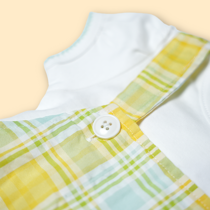 girls plaid pinafore dress with white t-shirt in yellow and mint